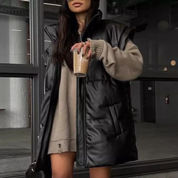 Kimberly Puffer Vest, Quilted Cap Sleeve Collar Faux Leather Long Vest - Picture 3 of 9